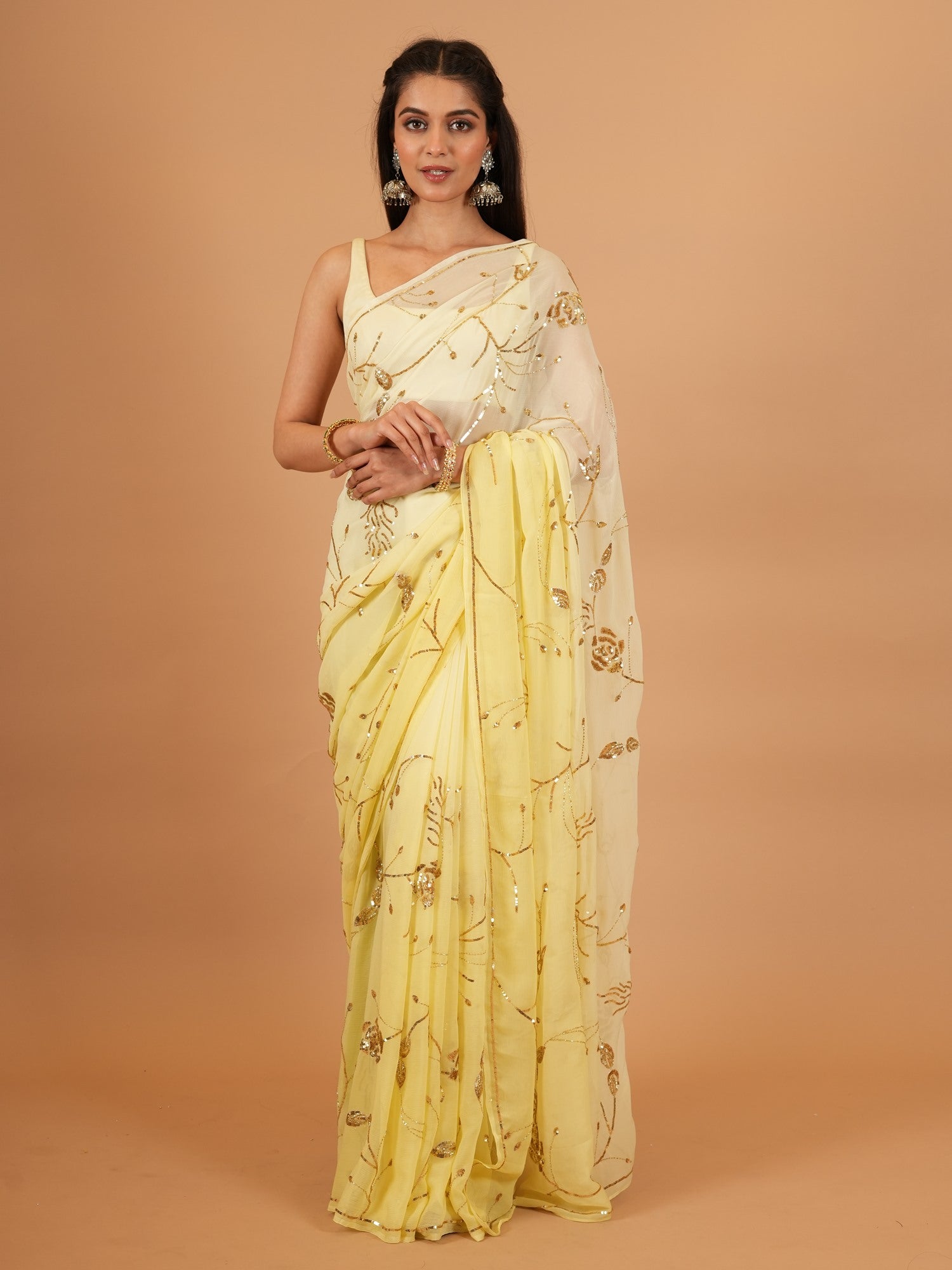 Pure chiffon saree with sequins outlet and Salma work