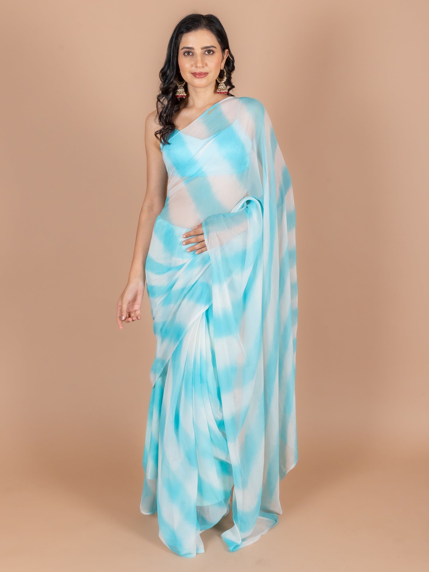 Ranas Sky Blue & White Leheriya Saree