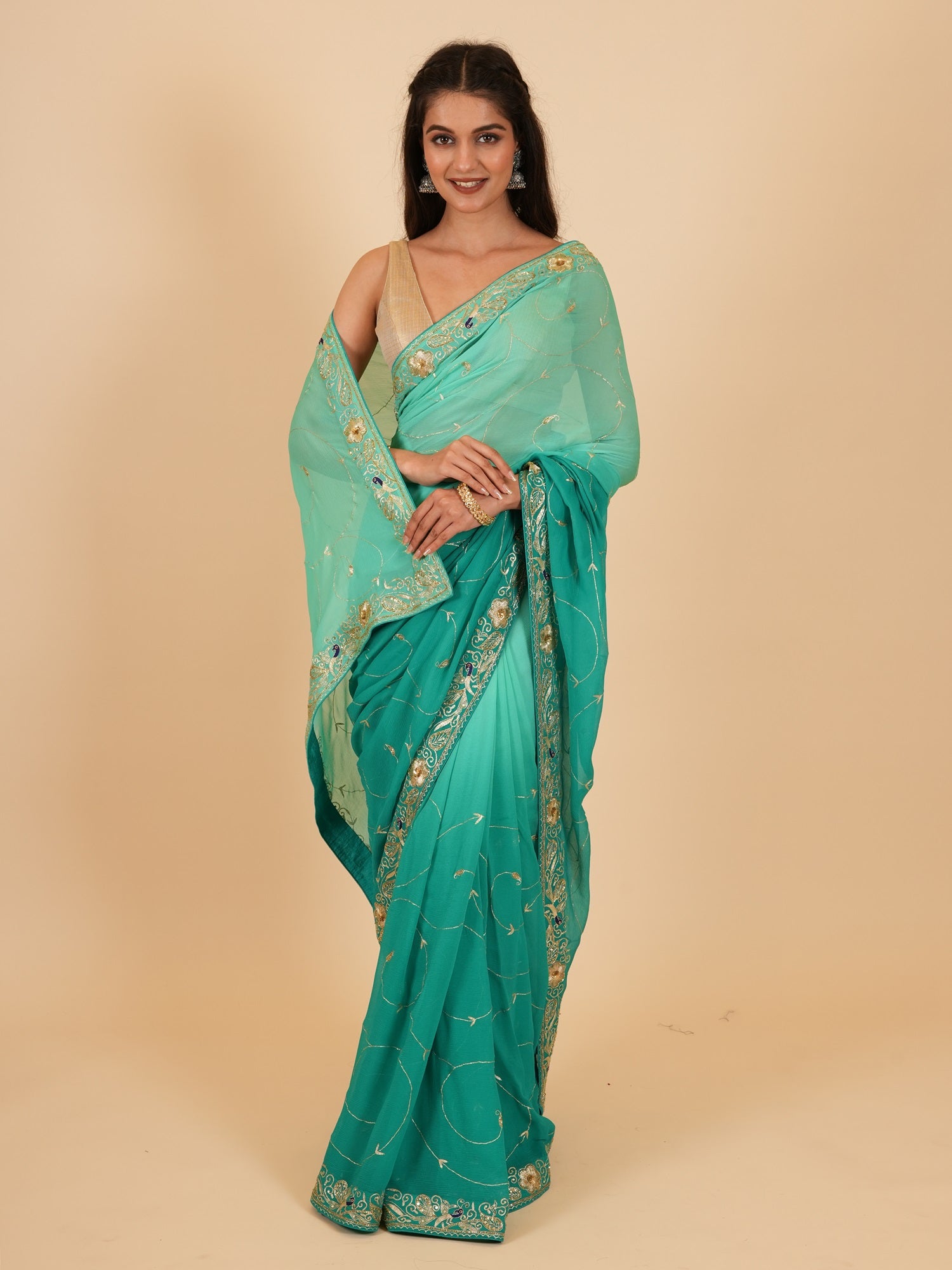 Buy Sea Green Shaded Printed Semi-Chiffon Saree (With Blouse) 13383 |  www.maanacreation.com