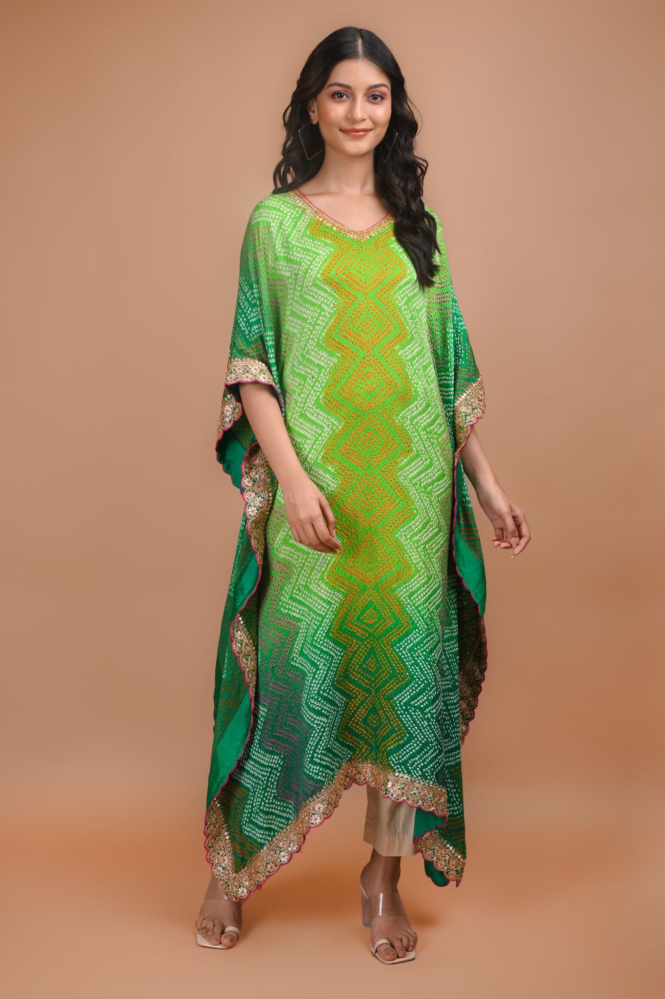 Ranas Gajji silk Multicolor Bandhej Kaftan