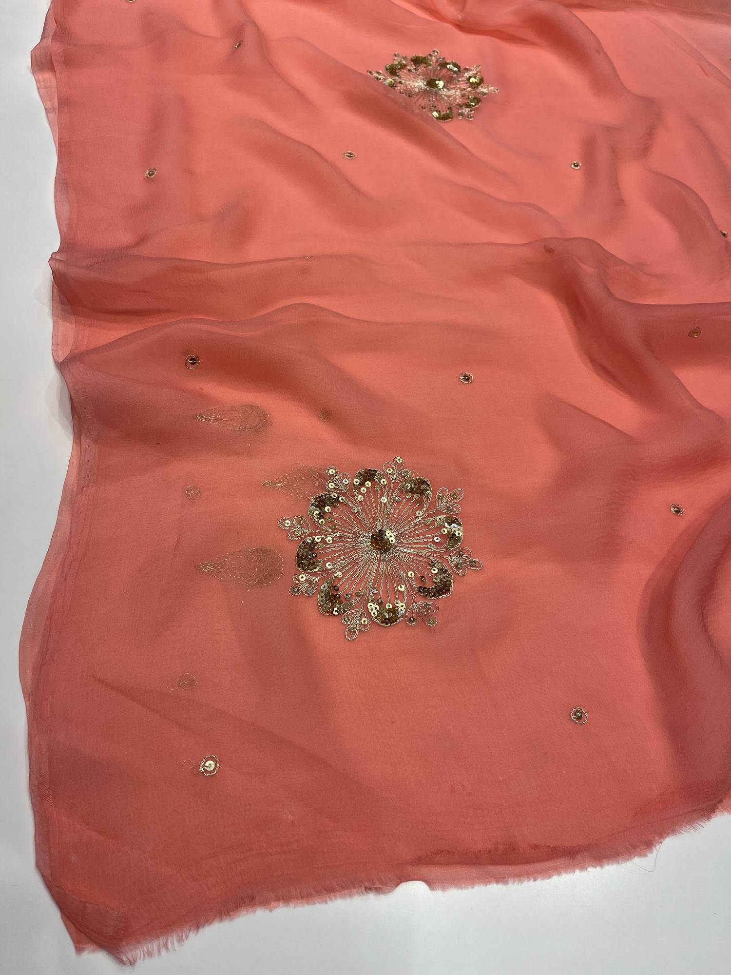 Ranas Peach Shaded Aari & Sequine work saree