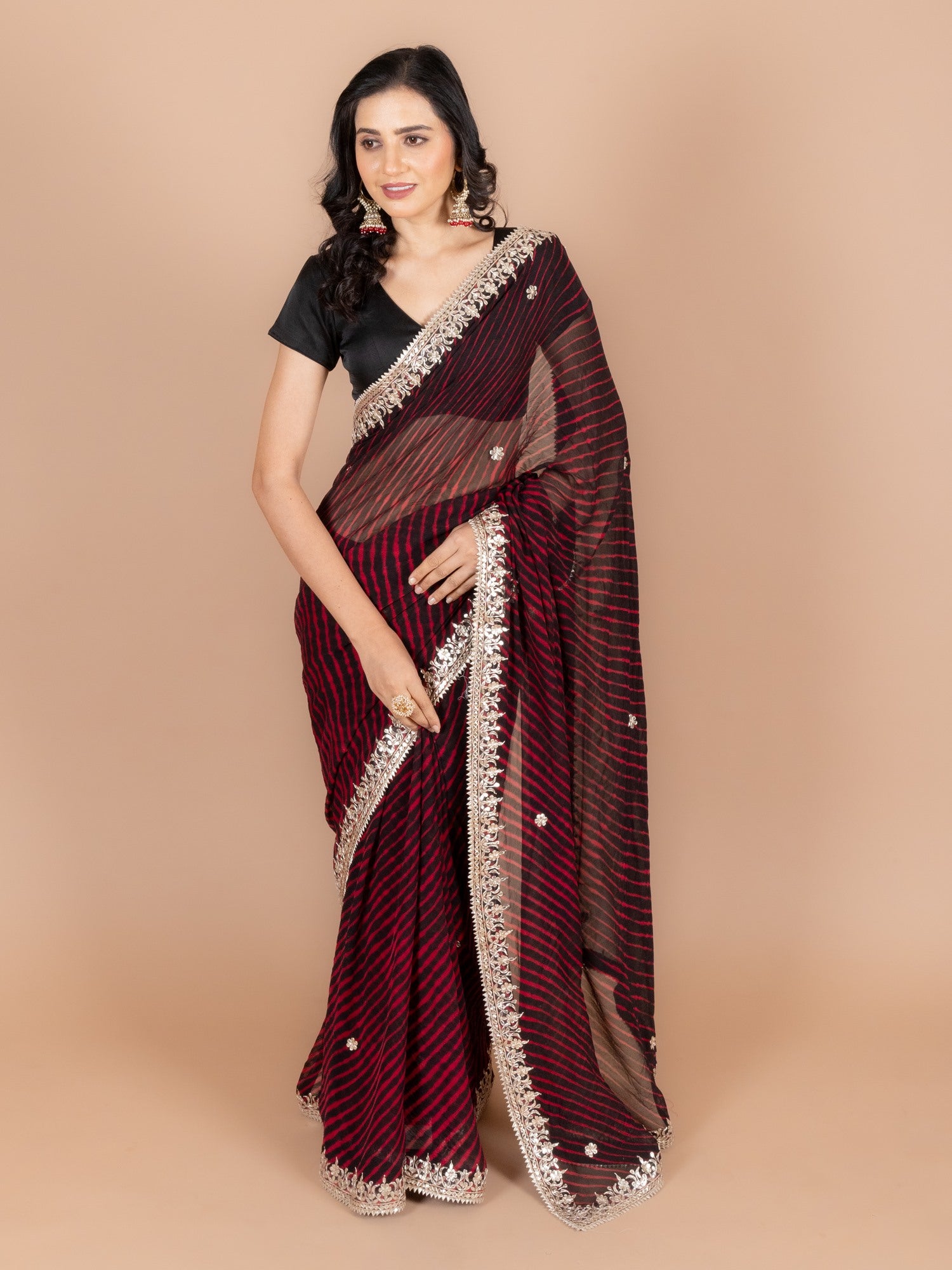 Ranas Black & Red Leheriya Saree