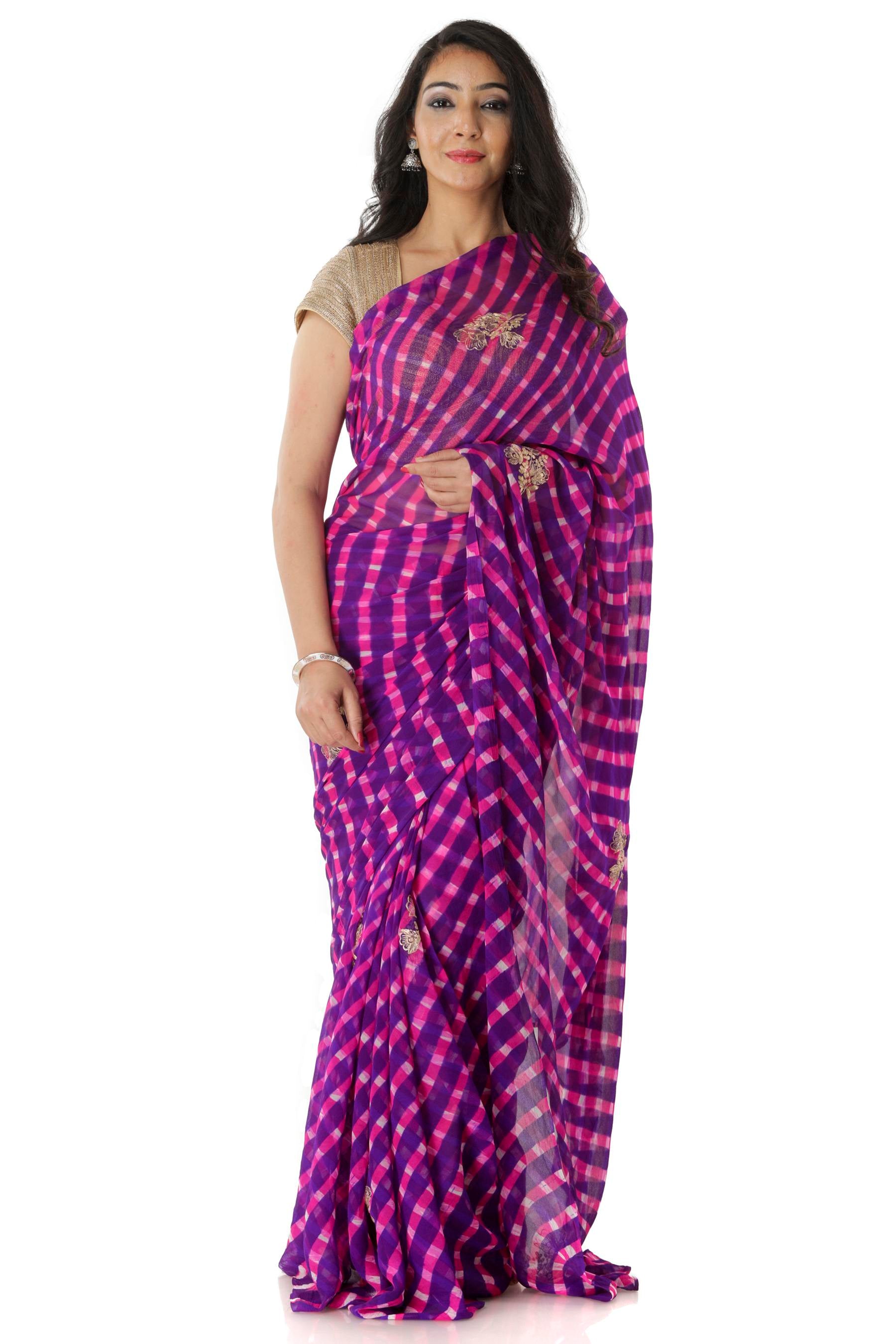 Grape Purple And Beige Leheriya Pattern Digital Print Organza Saree Wi –  Fabcurate