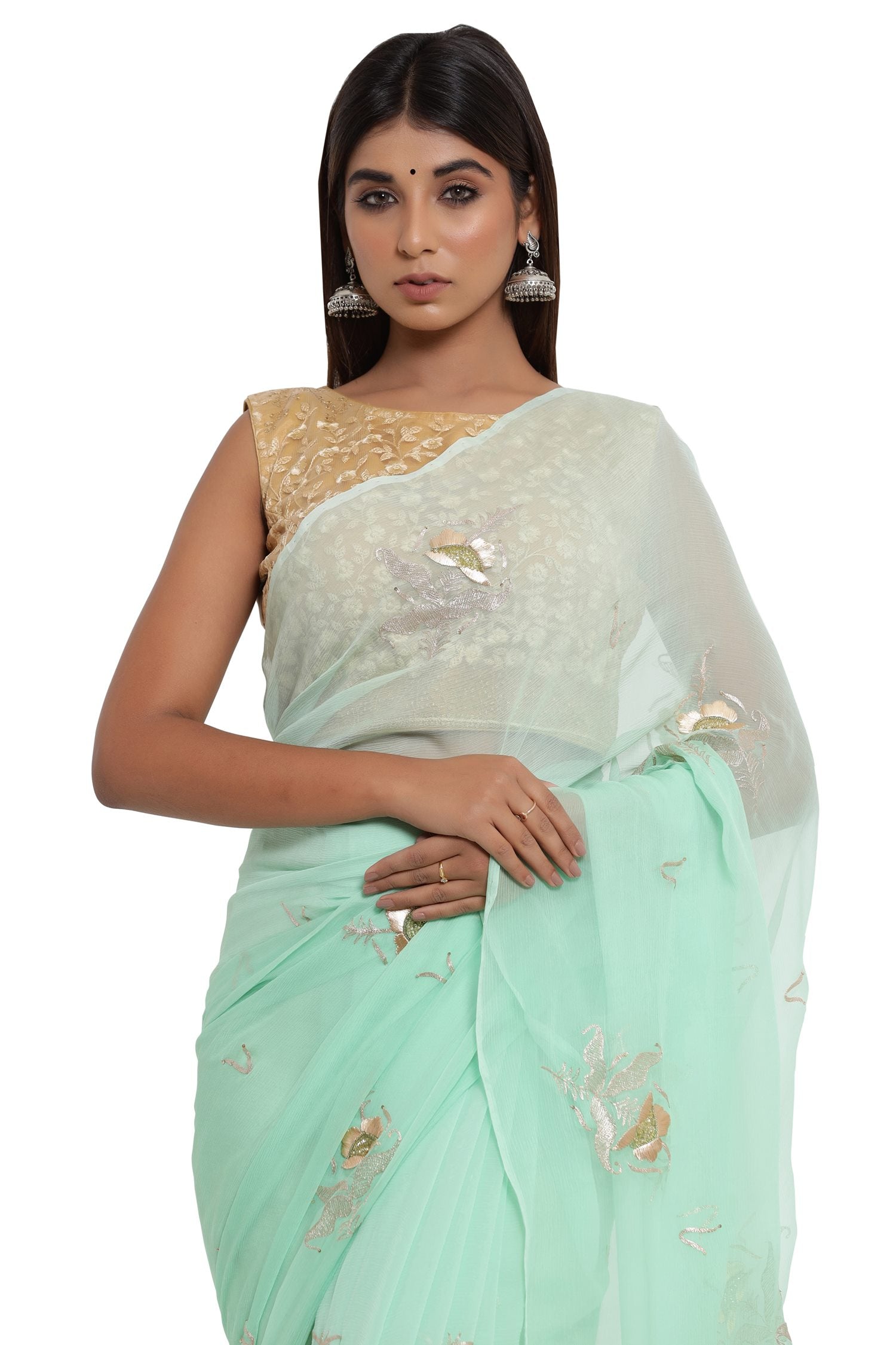 Shaded Green Chiffon Saree With Embroidered Blouse Saree 2395SR18