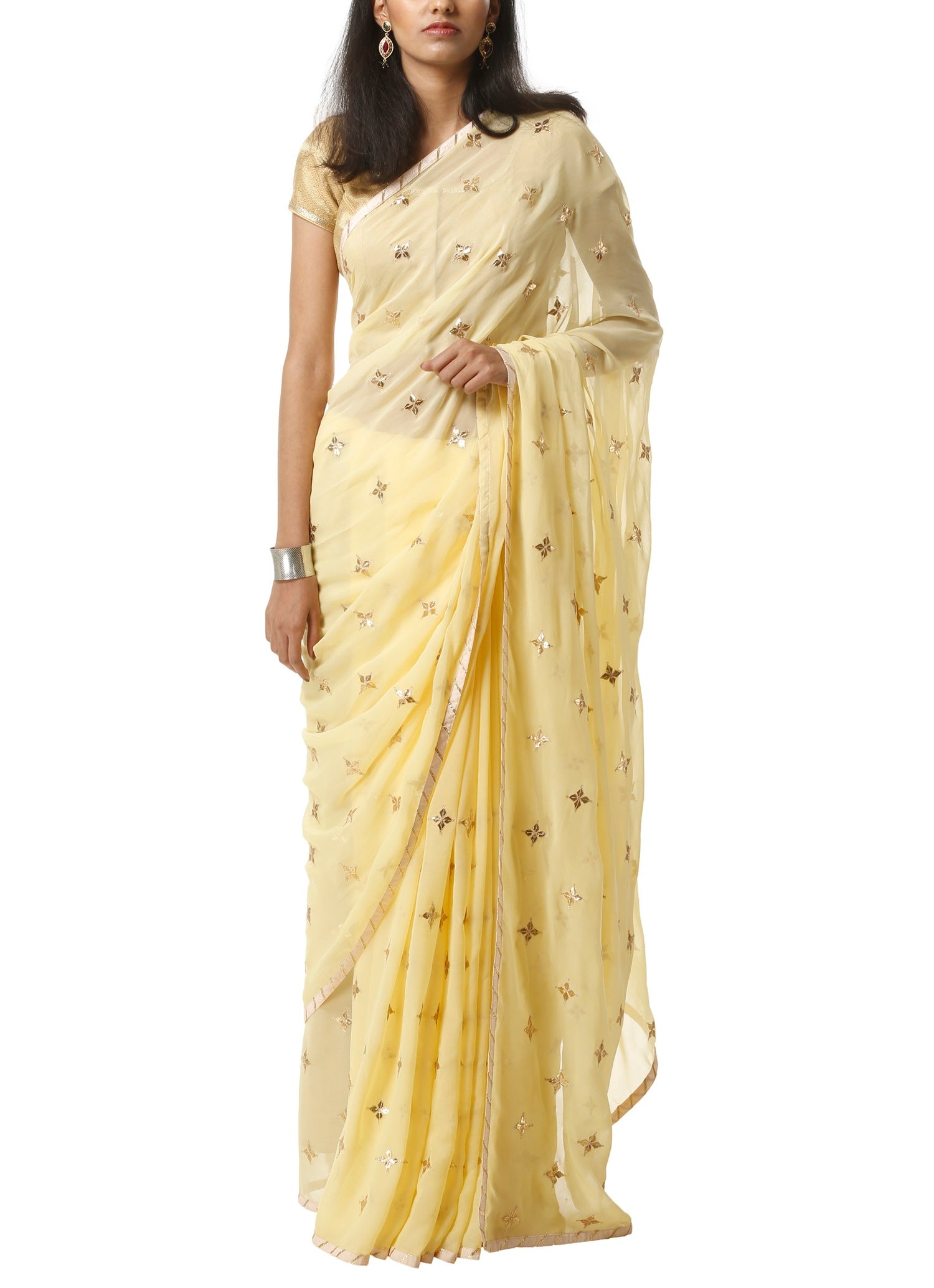 Arylide Yellow Satin Saree With Gota Patti Border | Singhania's