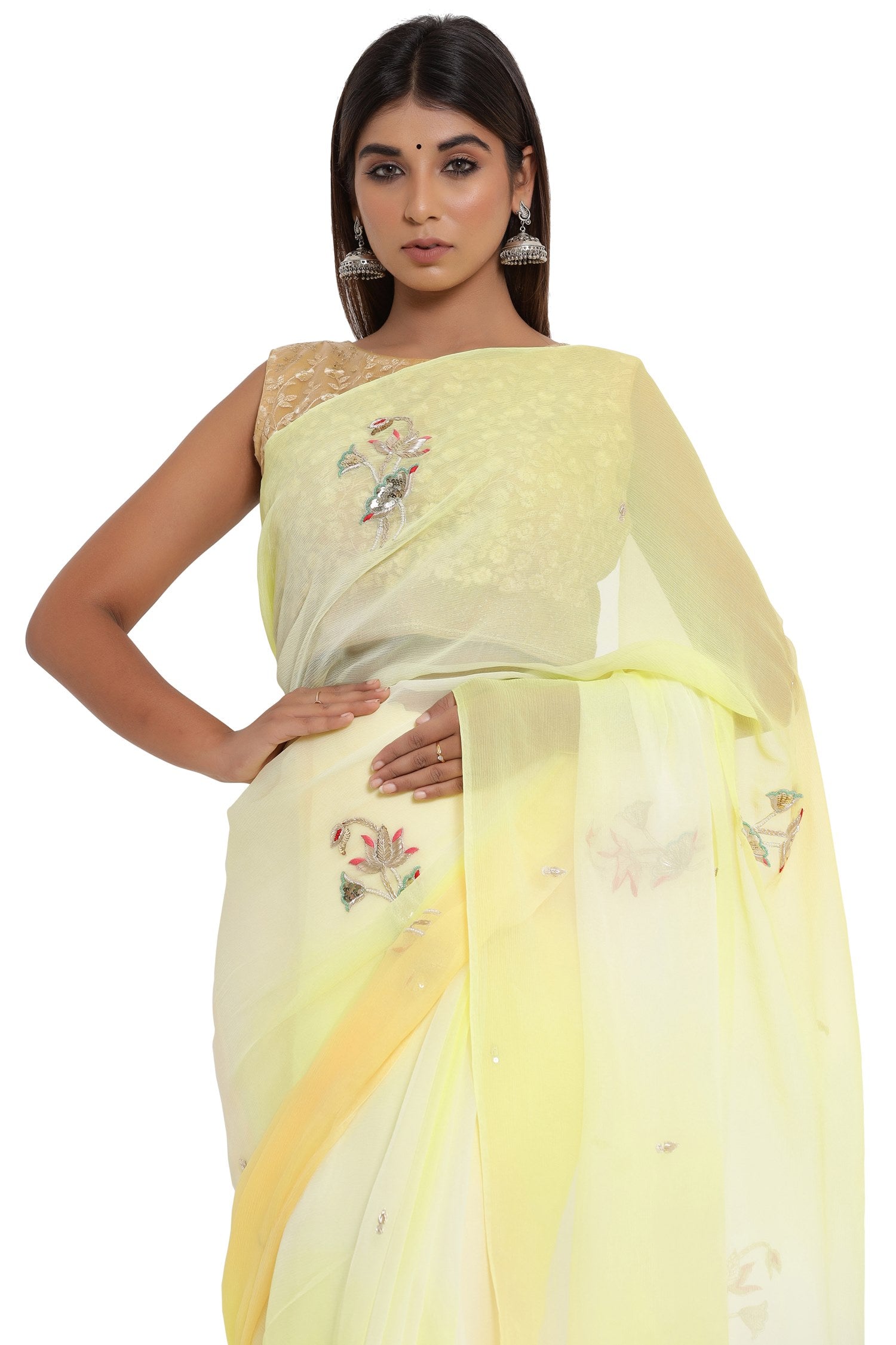 Vishal Prints Yellow Digital Print Chiffon Saree With Stone Work And S