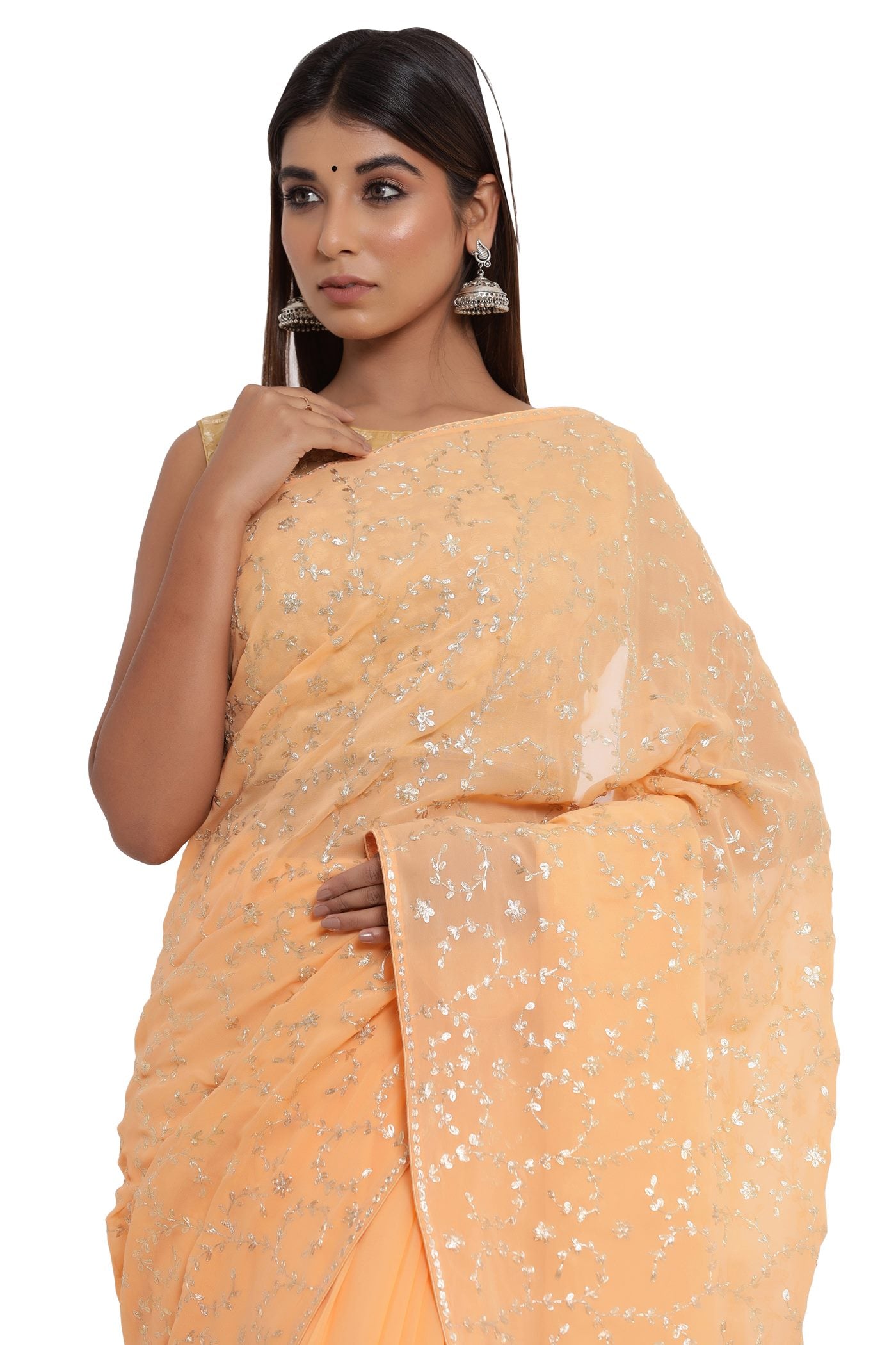 Buy online Peach Shimmer Chiffon Pita Work Embroidered Saree With Blouse  from ethnic wear for Women by Kiwie for ₹1749 at 70% off | 2024 Limeroad.com