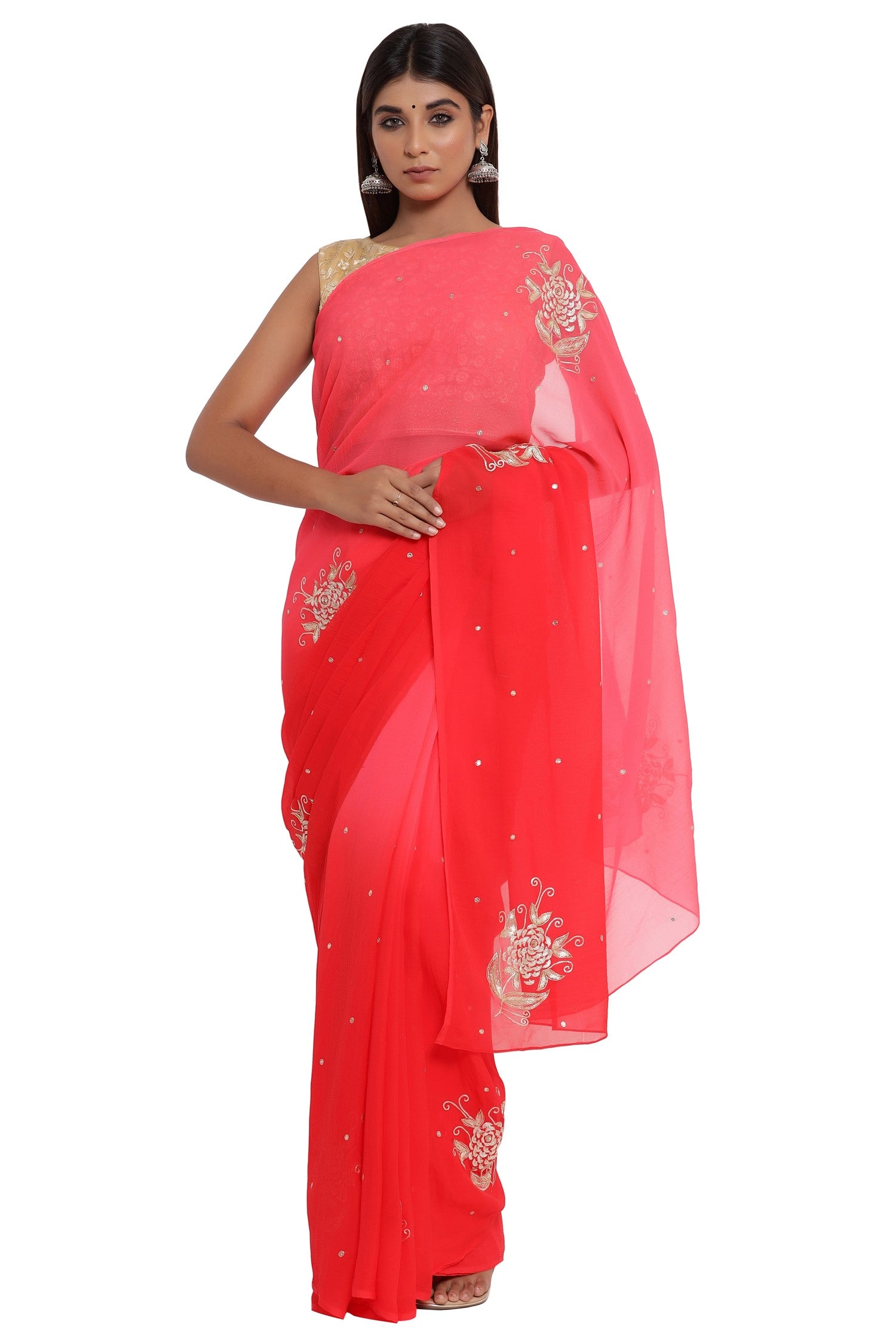 immolate Solid/Plain Bandhani Chiffon Saree (Red)