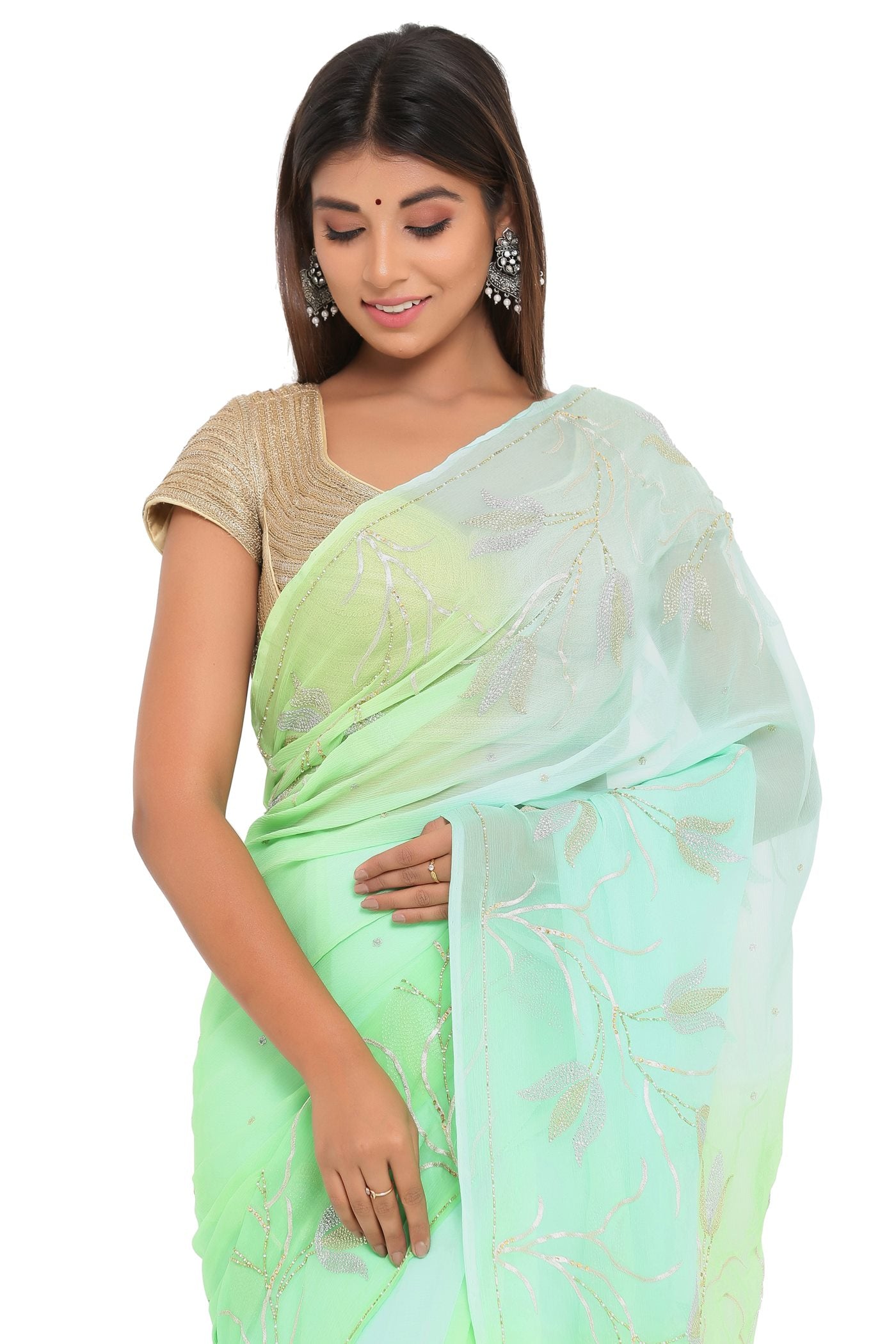 Light Green and Coral Embroidered Silk Chiffon Saree | Pure chiffon sarees,  Party wear sarees, Saree designs