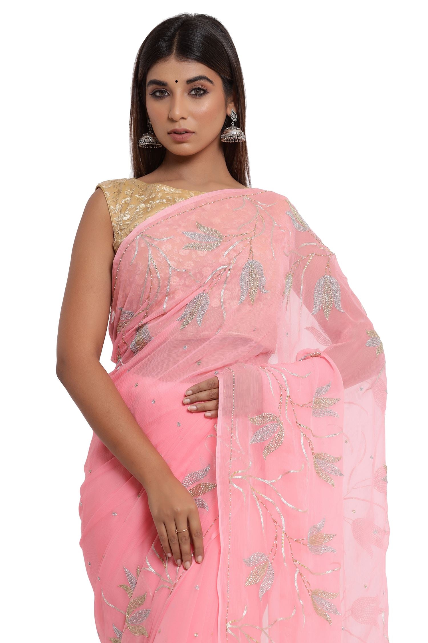 Pink-Orange Casual Wear Floral Printed Chiffon Saree With Fancy Blouse