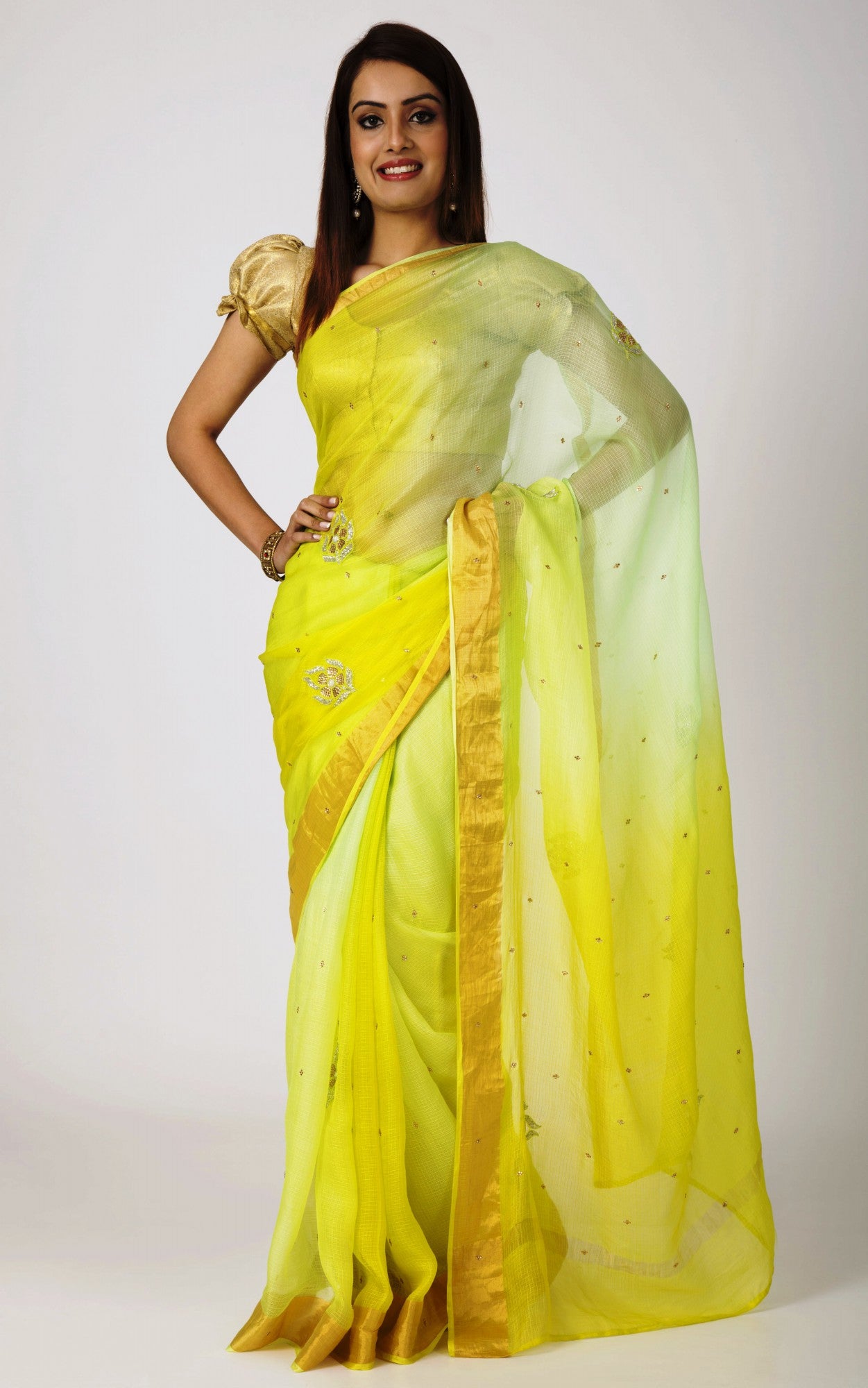 Light Yellow Cutdana and Sequinned Work Saree in Organza with...