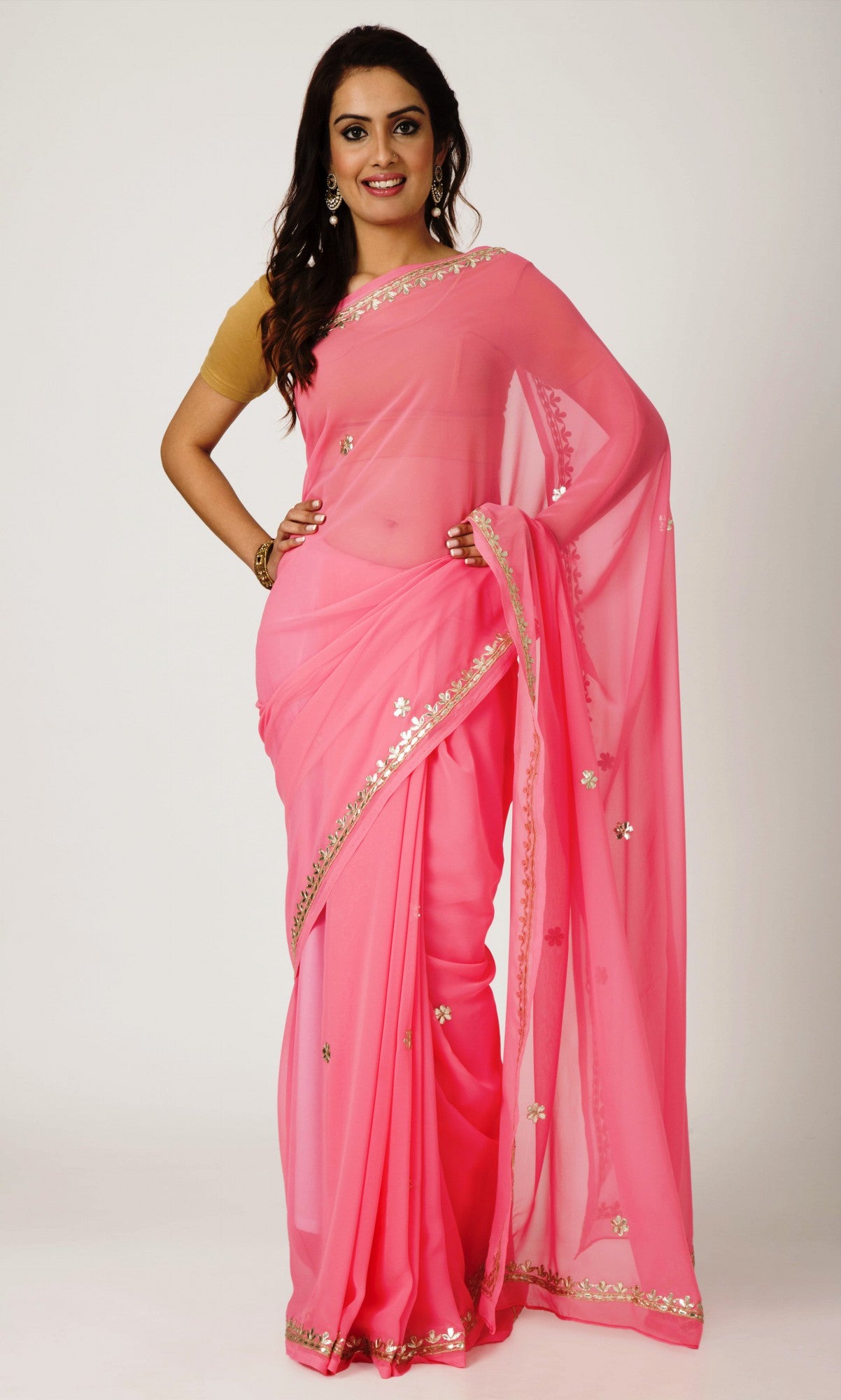Pure Chiffon Gotapatti Saree | Pure chiffon sarees, Chiffon saree, Saree  blouse designs